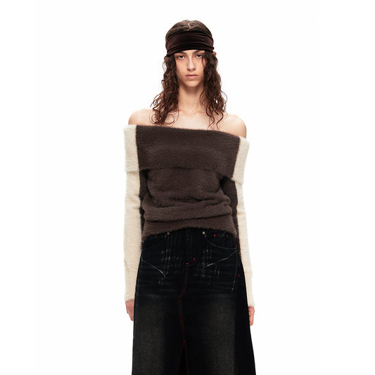 NUHT “Box” Contrast Color Faux Mink Off-Shoulder Top(Brown)