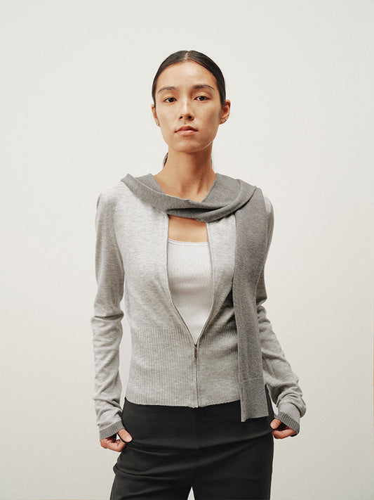 Hooded zip two-tone cardigan