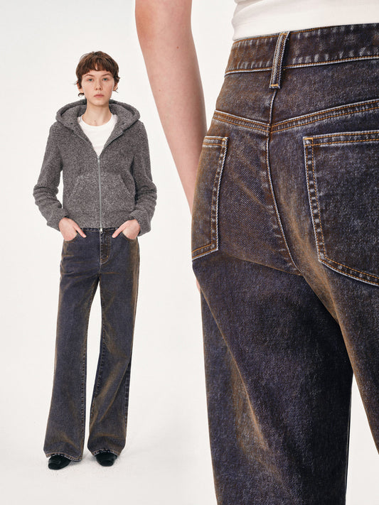 Flocked and Distressed Straight-Leg Jeans