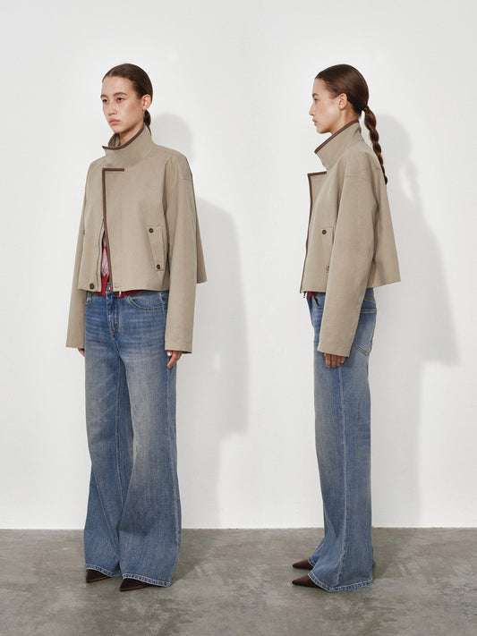 Long Sleeve Stand Collar Short Trench Coat with Leather Panels