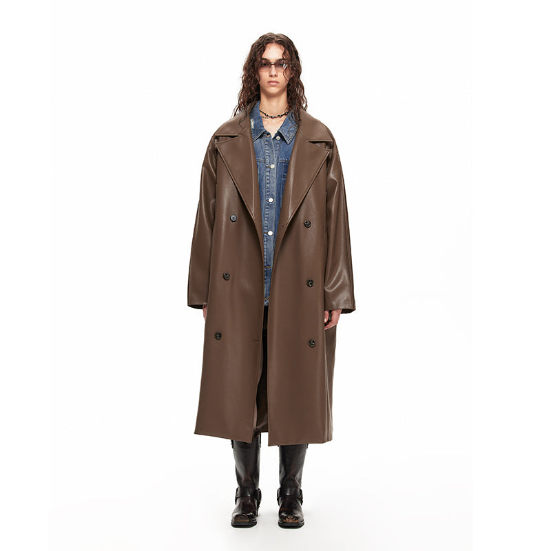 NUHT Retro Loose Long Faux Leather Coat(Brown)