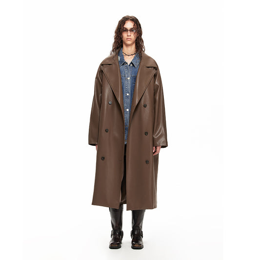 NUHT Retro Loose Long Faux Leather Coat(Brown)