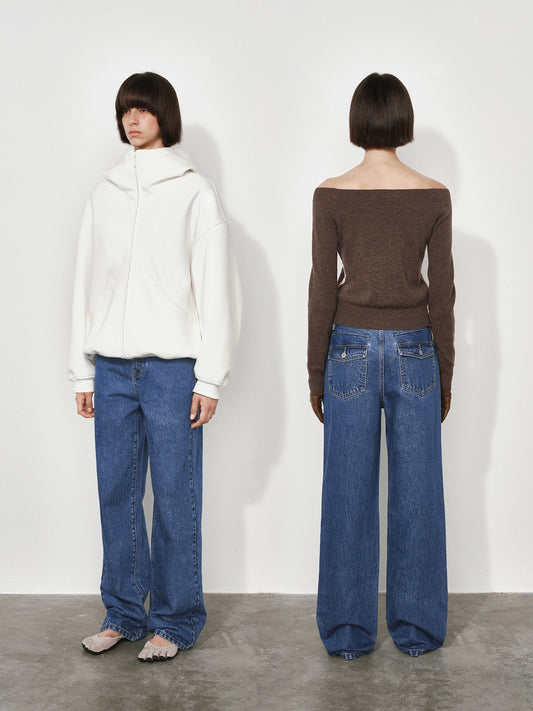 Wide, Straight-Leg Non-Stretch DenimJeans