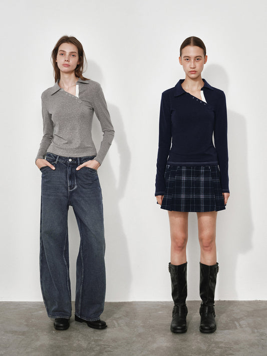 Slanted Polo Neck Long Sleeve Tee