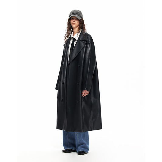 NUHT Retro Loose Long Faux Leather Coat(Black)