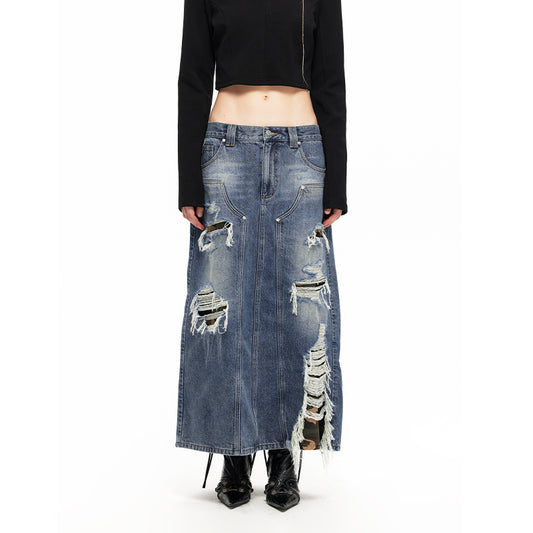 NUHT “Desquamate” Ripped Washed Denim Long Skirt