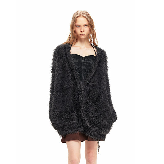 NUHT “Defocus Area” Loose Faux Mink Sweater(Black)