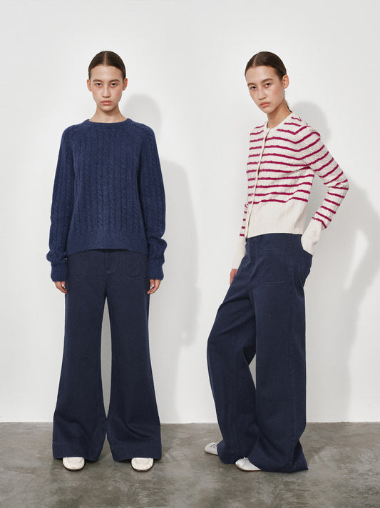 Slub-Textured Flared Casual Pants