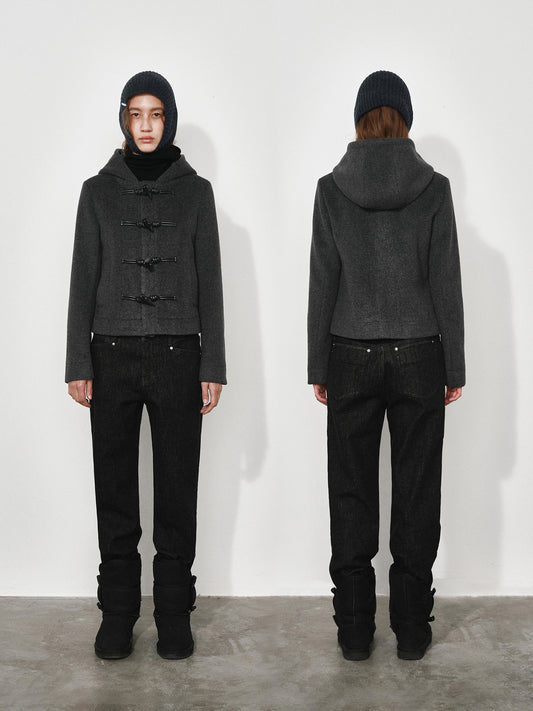 Hooded Toggle-button Slim-fit Short Wool Coat