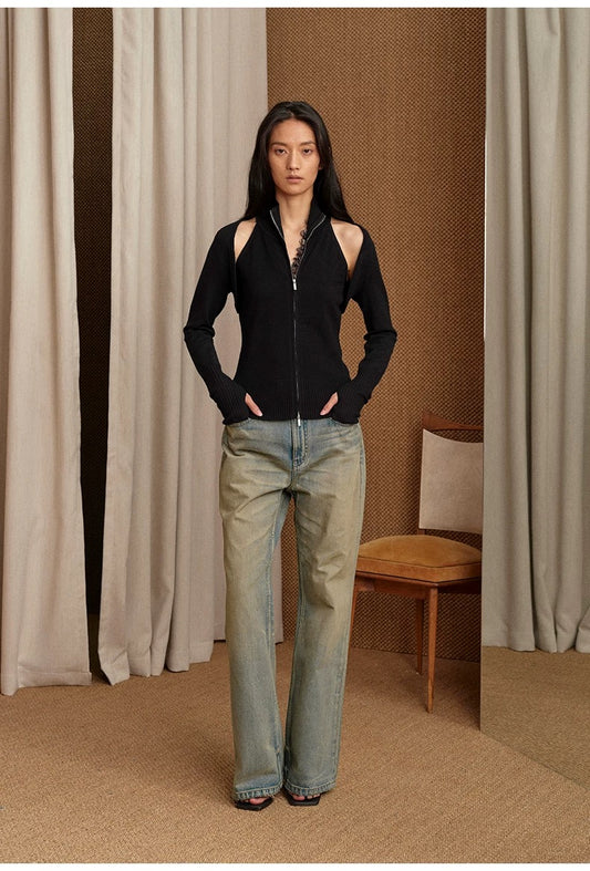 NUTH Multi-wear slim long-sleeved knitted shawl double-head zipper vest two-piece suit for women