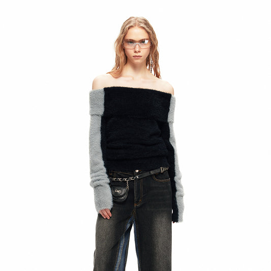 NUHT “Box” Contrast Color Faux Mink Off-Shoulder Top(Black)