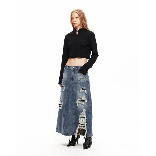 NUHT “Desquamate” Ripped Washed Denim Long Skirt