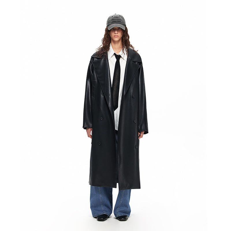 NUHT Retro Loose Long Faux Leather Coat(Black)