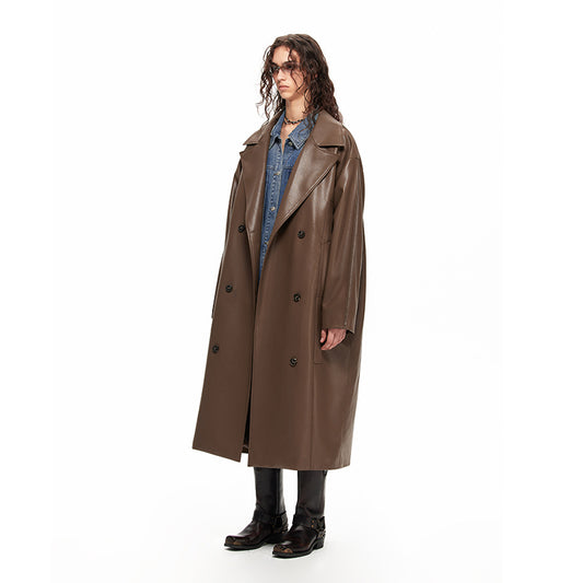 NUHT Retro Loose Long Faux Leather Coat(Brown)