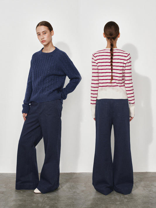 Slub-Textured Flared Casual Pants