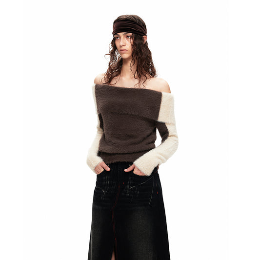 NUHT “Box” Contrast Color Faux Mink Off-Shoulder Top(Brown)