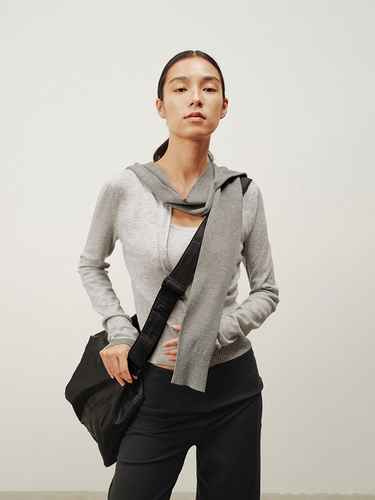 Hooded zip two-tone cardigan