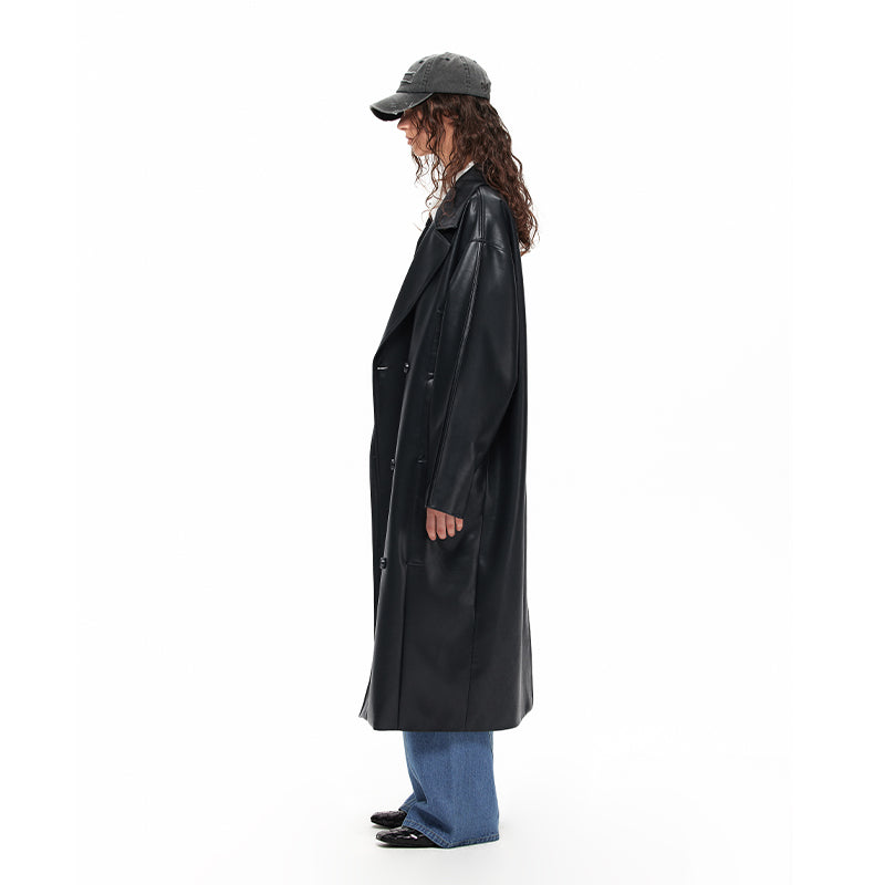 NUHT Retro Loose Long Faux Leather Coat(Black)