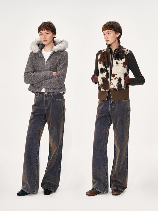 Flocked and Distressed Straight-Leg Jeans