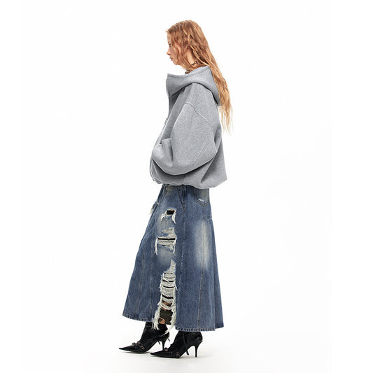 NUHT “Desquamate” Ripped Washed Denim Long Skirt