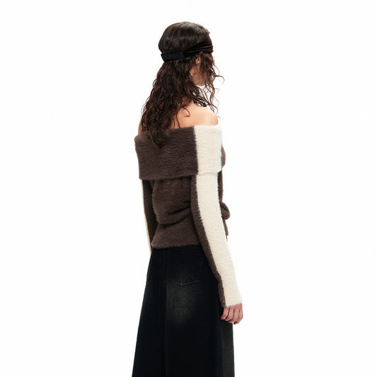 NUHT “Box” Contrast Color Faux Mink Off-Shoulder Top(Brown)