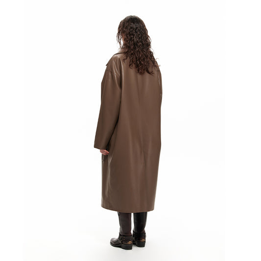 NUHT Retro Loose Long Faux Leather Coat(Brown)
