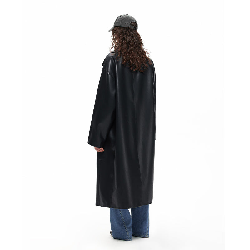 NUHT Retro Loose Long Faux Leather Coat(Black)