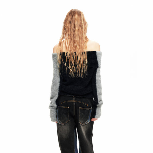 NUHT “Box” Contrast Color Faux Mink Off-Shoulder Top(Black)