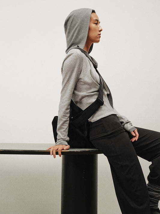 Hooded zip two-tone cardigan