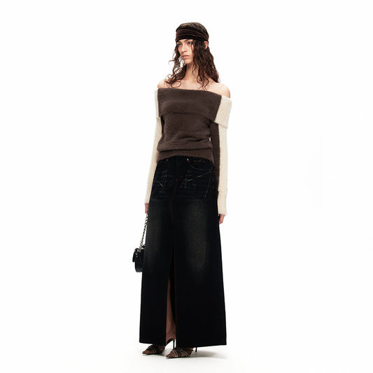 NUHT “Box” Contrast Color Faux Mink Off-Shoulder Top(Brown)