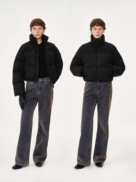 Flocked and Distressed Straight-Leg Jeans