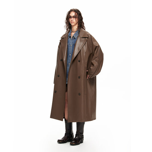NUHT Retro Loose Long Faux Leather Coat(Brown)
