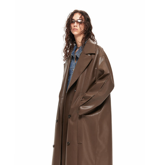 NUHT Retro Loose Long Faux Leather Coat(Brown)