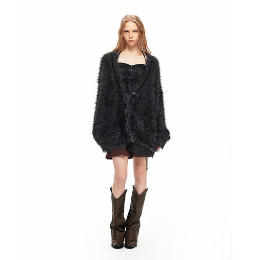 NUHT “Defocus Area” Loose Faux Mink Sweater(Black)
