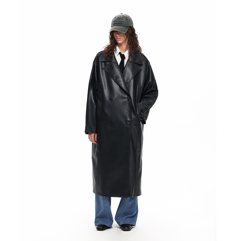 NUHT Retro Loose Long Faux Leather Coat(Black)