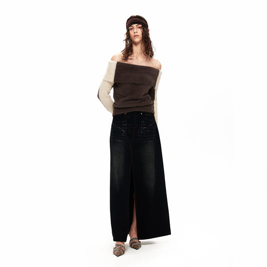 NUHT “Box” Contrast Color Faux Mink Off-Shoulder Top(Brown)