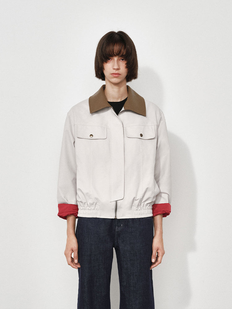 Leather-Collar Colorblock Trench Jacket