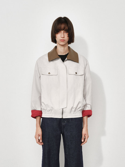 Leather-Collar Colorblock Trench Jacket