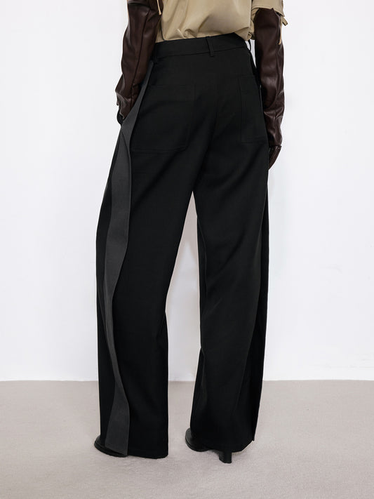 Contrast Side Seam Straight-Leg Double-Pleated Trousers