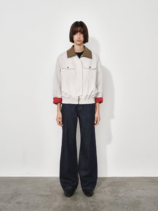 Leather-Collar Colorblock Trench Jacket