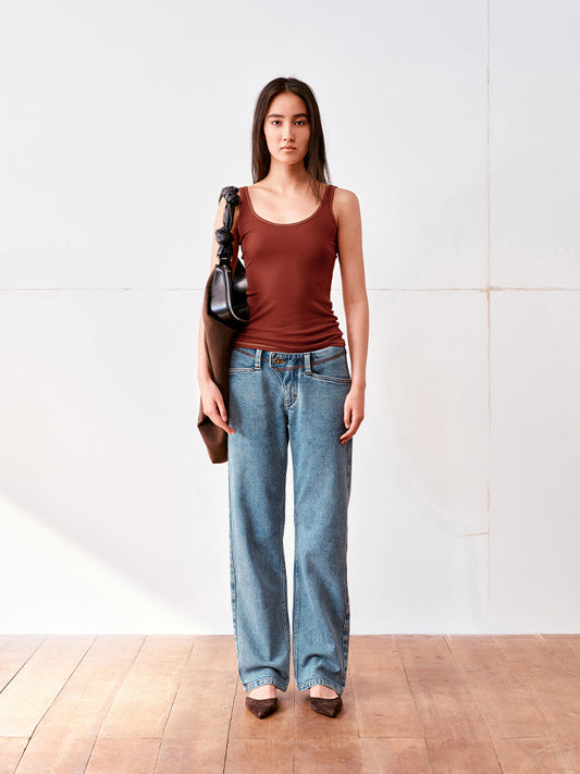 Light Blue Washed Contrast-Stitch Stretch Crop Jeans