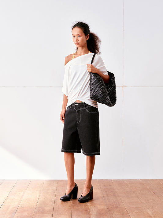 Contrast-Stitch Relaxed Denim Shorts