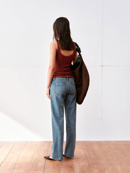 Light Blue Washed Contrast-Stitch Stretch Crop Jeans