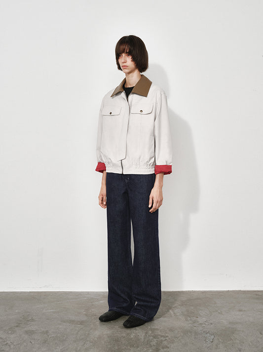 Leather-Collar Colorblock Trench Jacket