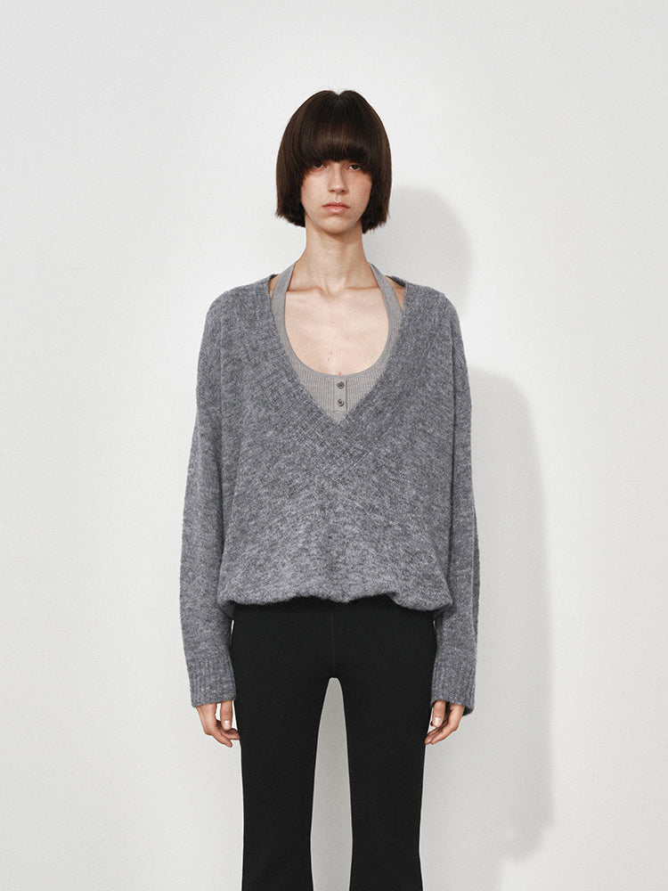 False Two-piece Oversized Deep V-neck Knit Sweater