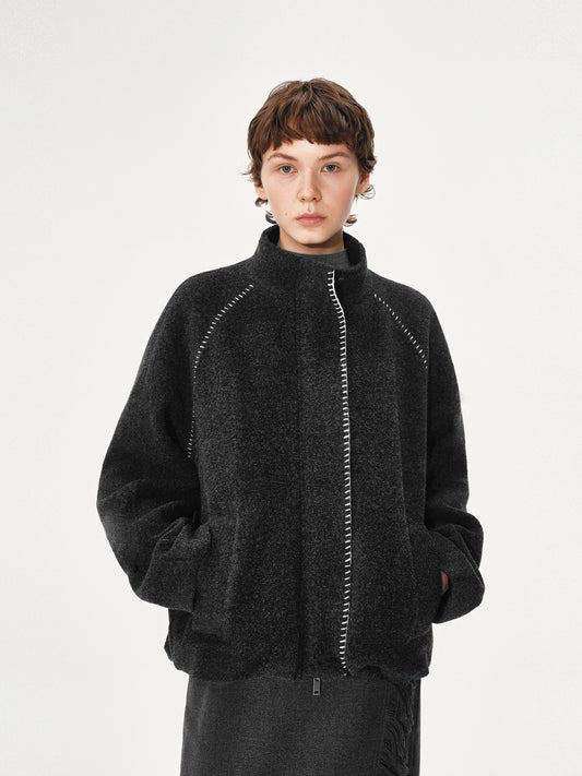 Knitted trim wool short coat