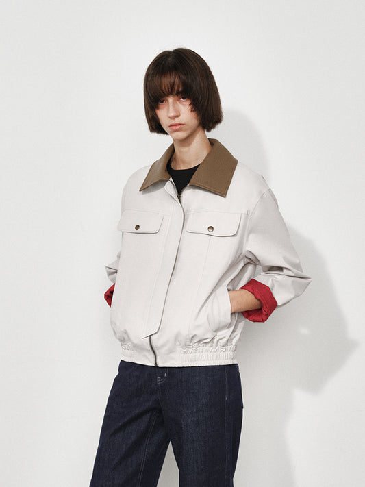 Leather-Collar Colorblock Trench Jacket