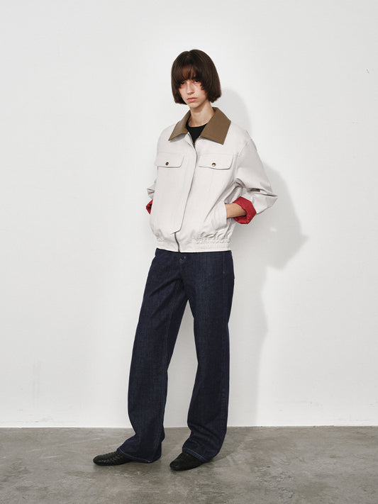 Leather-Collar Colorblock Trench Jacket