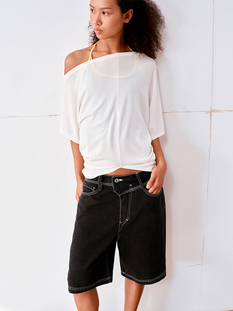 Contrast-Stitch Relaxed Denim Shorts