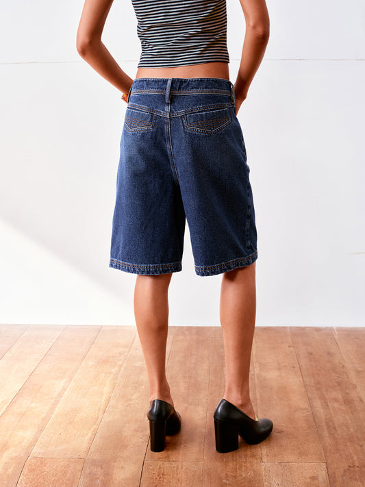 Contrast-Stitch Relaxed Denim Shorts
